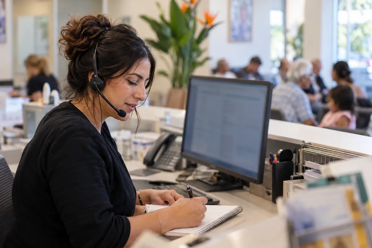 Receptionist at a Western Sydney clinic on a headset call, speaking slowly while writing appointment notes
